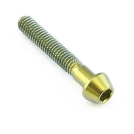 Gold titanium tapered Allen head bolt, measuring M4 x 0.70mm x 25mm, featuring a smooth, shiny finish and a hexagonal socket for easy installation.