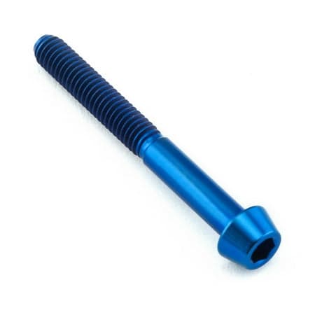 Blue tapered Allen head titanium bolt, measuring M4 x 0.70mm x 35mm, featuring a smooth finish and a hexagonal socket for easy installation.