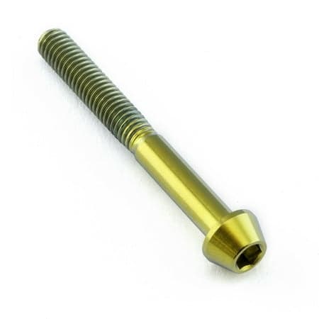 Gold titanium tapered Allen head bolt, measuring M4 x 0.70mm x 35mm, featuring a smooth shaft and hexagonal recess for secure tool engagement.