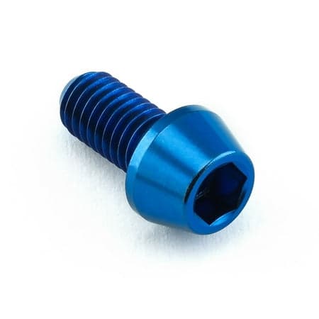 Blue titanium tapered Allen head bolt, measuring M5 x 0.80mm x 10mm, featuring a hexagonal socket for easy installation.