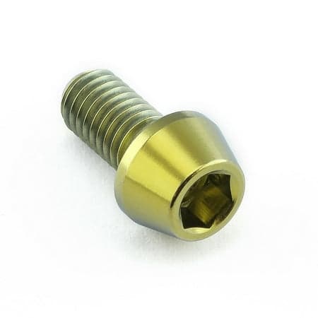 Gold titanium tapered Allen head bolt, M5 size with a 0.80mm thread pitch and 10mm length, featuring a hexagonal socket for easy installation.