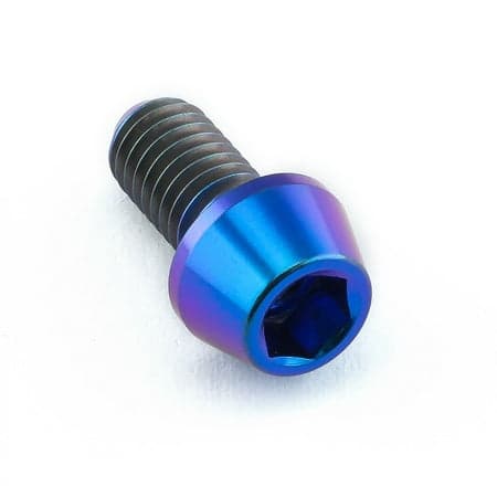 Tapered Allen head titanium bolt in purple and blue finish, measuring M5 x 0.80mm x 10mm, featuring a hexagonal socket for easy installation.