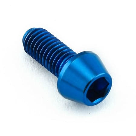 Blue tapered Allen head titanium bolt, measuring M5 X 0.80mm X 12mm, showcasing a shiny, smooth finish and hexagonal socket for easy installation.