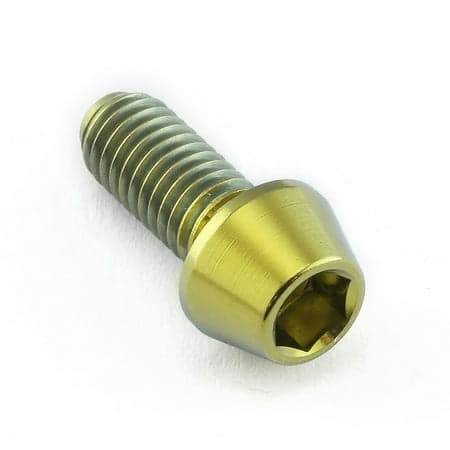 Gold titanium tapered Allen head bolt with M5 x 0.80mm threading and a length of 12mm, showcasing a shiny finish and hexagonal socket for tool fitting.