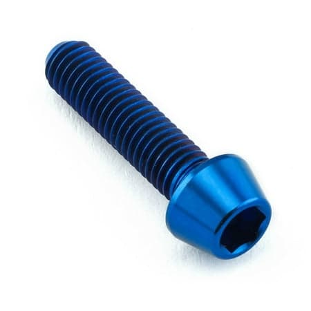 Blue titanium tapered Allen head bolt, measuring M5 x 0.80mm x 20mm, featuring a hexagonal socket for easy installation and a sleek, polished finish.