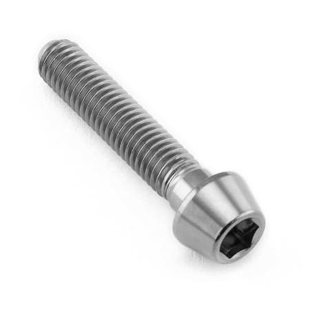 Tapered Allen head titanium bolt in natural finish, measuring M5 x 0.80mm x 25mm, featuring a smooth, shiny surface and hexagonal socket for tool engagement.