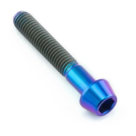 Purple titanium tapered Allen head bolt, measuring M5 x 0.80mm x 30mm, featuring a shiny finish and distinctive hexagonal socket for easy installation.