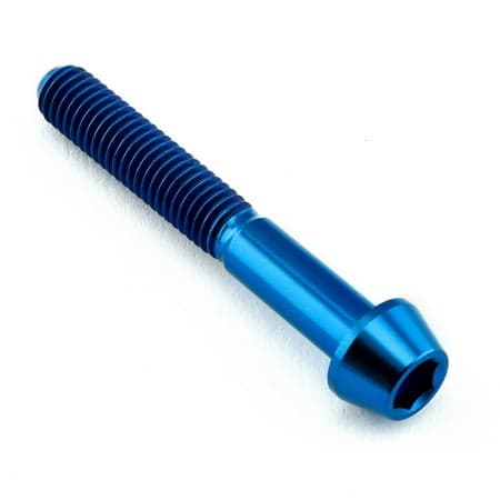 Tapered Allen head titanium bolt in blue, measuring M5 x 0.80mm x 35mm, featuring a smooth finish and detailed threading for secure fastening.