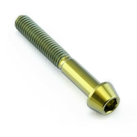 Gold tapered Allen head titanium bolt, measuring M5 x 0.80mm x 35mm, featuring a smooth finish and a hexagonal socket for easy installation.