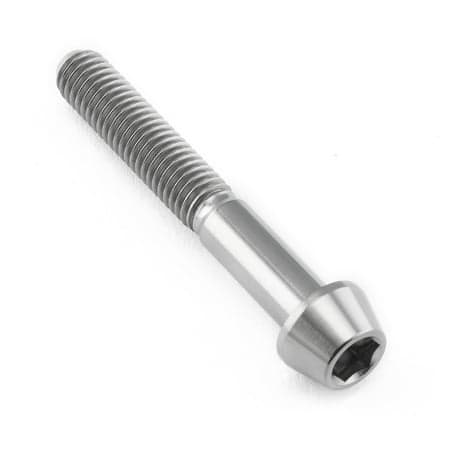 Tapered Allen head titanium bolt in natural finish, measuring M5 x 0.80mm x 35mm, featuring a smooth, shiny surface and hexagonal recess for tool insertion.