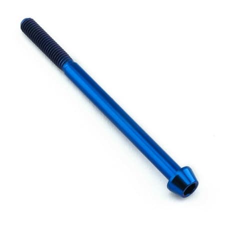 Blue titanium tapered Allen head bolt, measuring M5 x 0.80mm x 70mm with a 30mm thread length, featuring a sleek finish and precise threading.