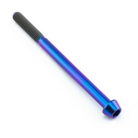 Tapered Allen head titanium bolt in purple gradient, measuring M5 x 0.80mm x 70mm, featuring a smooth finish and threaded shaft for secure fastening.