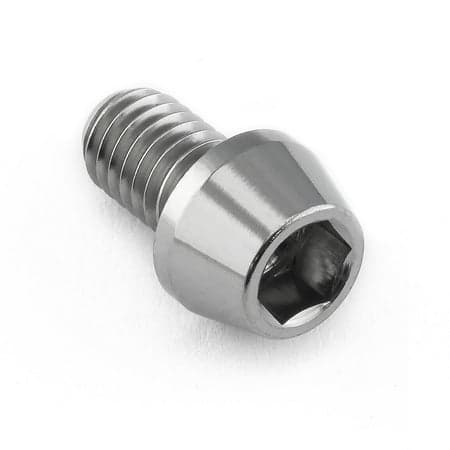 Tapered Allen head titanium bolt in natural finish, measuring M6 x 1.00mm x 10mm, featuring a hexagonal socket for a secure fit and lightweight design.