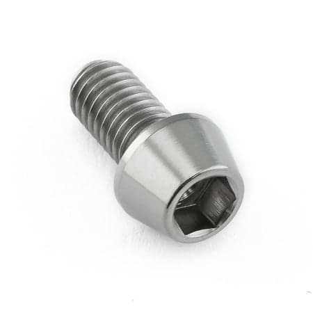 Tapered Allen head titanium bolt in natural finish, measuring M6 x 1.00mm x 12mm, featuring a hexagonal socket for tool engagement and a sleek, metallic appearance.