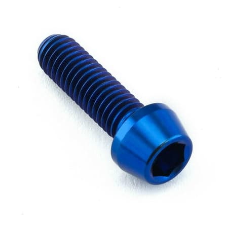 Blue titanium tapered Allen head bolt, measuring M6 x 1.00mm x 20mm, featuring a smooth finish and hexagonal socket for easy installation.