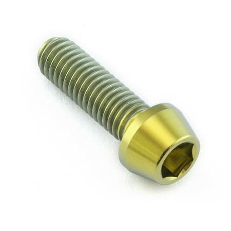 Gold titanium tapered Allen head bolt, M6 size, 1.00mm thread pitch, 20mm length, featuring a hexagonal socket for easy installation.