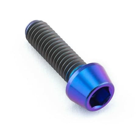 Purple titanium tapered Allen head bolt, measuring M6 x 1.00mm x 20mm, featuring a shiny finish and hexagonal socket for easy installation.