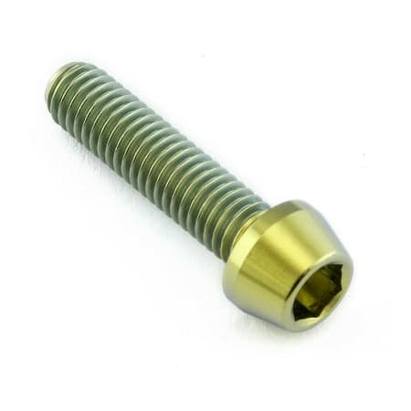 Gold titanium tapered Allen head bolt, M6 x 1.00mm x 25mm, featuring a smooth, shiny finish and hexagonal socket for easy installation.