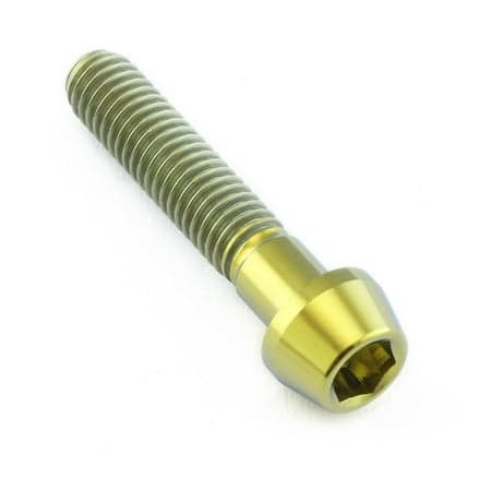 Gold titanium tapered Allen head bolt, M6 x 1.00mm x 30mm, featuring a smooth, shiny finish and a hexagonal socket for easy installation.