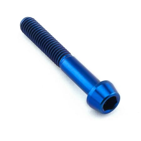 Blue tapered Allen head titanium bolt, measuring M6 x 1.00mm x 40mm with a 25mm length, featuring a smooth finish and hexagonal socket for easy installation.
