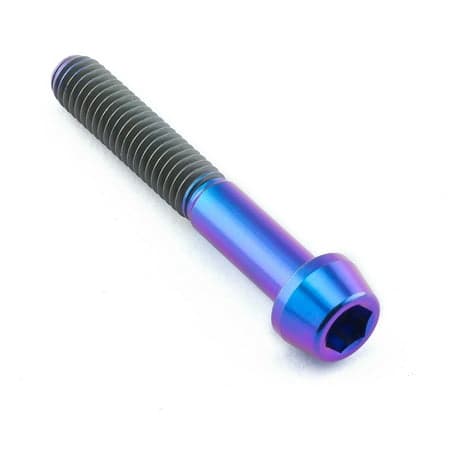 Tapered Allen head titanium bolt in purple and blue gradient, M6 x 1.00mm x 40mm, featuring a hexagonal socket for easy installation and a sleek, lightweight design.