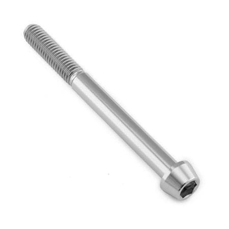 Tapered Allen head titanium bolt in natural finish, measuring M6 x 1.00mm x 65mm with a 25mm length, featuring a smooth, shiny surface and hexagonal socket.