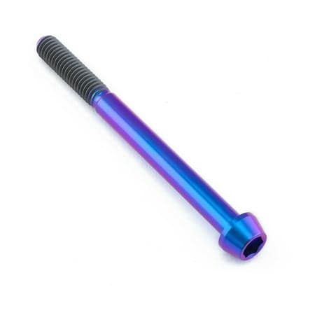 Tapered Allen head titanium bolt in purple and blue gradient, measuring M6 x 1.00mm x 70mm, featuring a smooth finish and textured grip for enhanced durability.