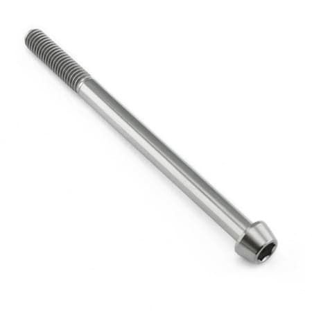 Tapered Allen head titanium bolt in natural finish, measuring M6 X 1.00mm X 85mm, featuring a smooth shaft and a hexagonal socket for easy installation.
