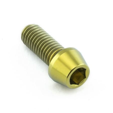 Gold tapered Allen head titanium bolt, M8 x 1.25mm x 20mm, featuring a hexagonal socket and smooth, shiny finish, ideal for lightweight applications.