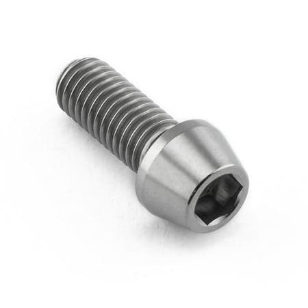 Tapered Allen head titanium bolt in natural finish, measuring M8 x 1.25mm x 20mm, featuring a smooth, shiny surface and hexagonal socket for easy installation.