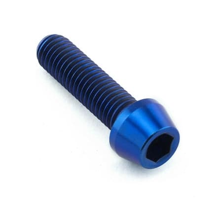Blue tapered Allen head titanium bolt, M8 x 1.25mm x 30mm, featuring a smooth finish and hexagonal socket for easy installation.