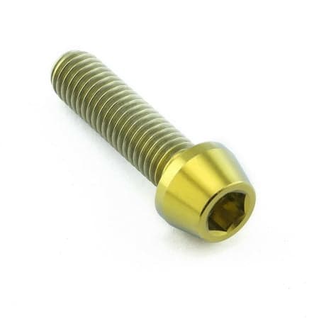 Gold titanium tapered Allen head bolt, M8 x 1.25mm x 30mm, featuring a smooth, shiny finish and a hexagonal socket for easy installation.