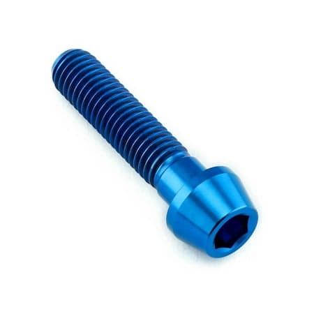 Blue tapered Allen head titanium bolt, measuring M8 x 1.25mm x 35mm, featuring a smooth finish and hexagonal socket for easy installation.