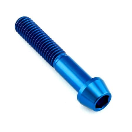 Tapered Allen head titanium bolt in blue, measuring M8 X 1.25mm X 45mm with a 25mm length, featuring a smooth, shiny finish and distinct threading.