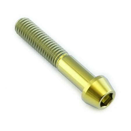 Gold tapered Allen head titanium bolt, measuring M8 X 1.25mm X 45mm, featuring a sleek finish and threaded shaft for secure fastening.