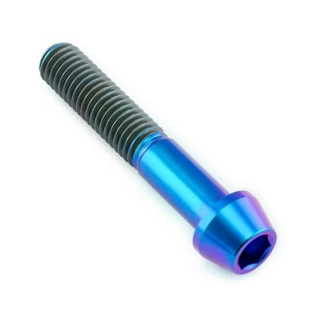 Tapered Allen head titanium bolt in purple, measuring M8 x 1.25mm x 45mm, featuring a shiny, metallic finish and distinct threading along the shaft.