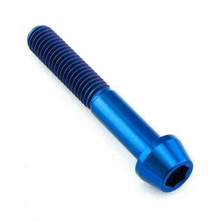 Blue titanium tapered Allen head bolt, measuring M8 x 1.25mm x 50mm with a 25mm length, featuring a smooth finish and distinct hexagonal socket for easy installation.
