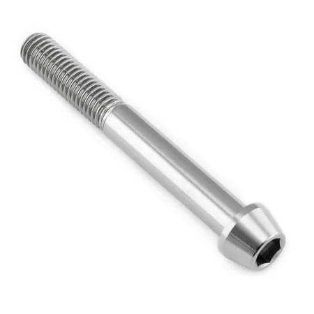 Tapered Allen head titanium bolt in natural finish, measuring M8 x 1.25mm x 65mm, featuring a smooth, shiny surface and a hexagonal socket for easy installation.