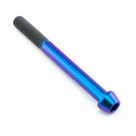 Purple tapered titanium Allen head bolt, measuring M8 x 1.25mm x 80mm, featuring a shiny finish and textured grip for enhanced performance.