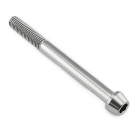 Tapered Allen head titanium bolt in natural finish, measuring M8 X 1.25mm X 85mm with a 25mm thread length, featuring a sleek, lightweight design ideal for high-performance applications.
