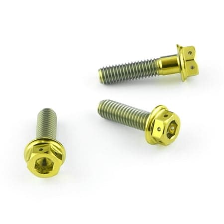 Gold titanium brake and clutch lever perch pinch bolt kit featuring three hexagonal head bolts with a polished finish and threaded shafts for secure attachment.