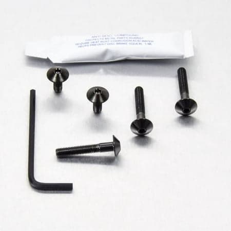 Pro-Bolt Titanium Chain Guard & Hugger Bolt Kit in black, featuring five black titanium bolts and an Allen wrench, packaged with a small tube of thread lock.