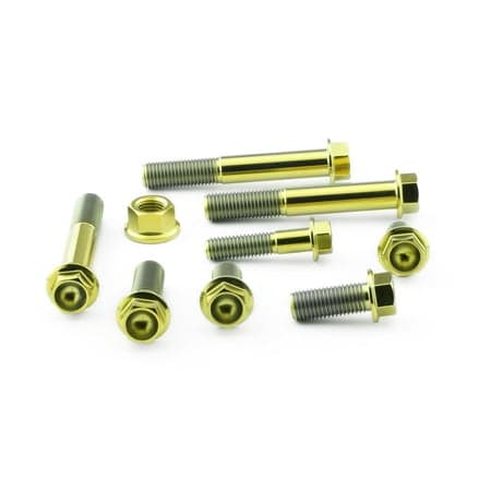 Pro-Bolt Titanium Crash Bar Mount Bolt Kit featuring gold-colored titanium bolts and nuts, showcasing a sleek, durable design ideal for motorcycle applications.