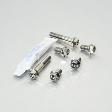 Pro-Bolt Titanium Crash Bar Mount Bolt Kit featuring silver titanium bolts with hex heads and washers, accompanied by a small packet of thread locker.