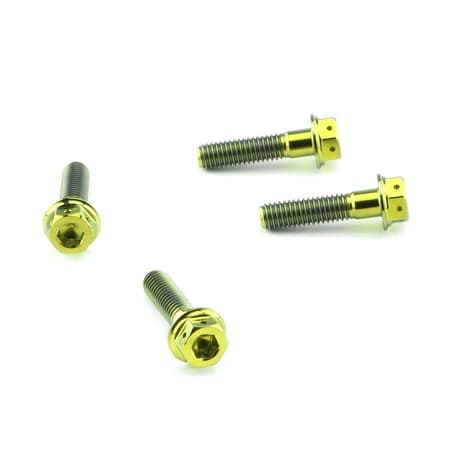 Gold titanium footrest heel plate bolt kit featuring four bolts with hexagonal heads and shiny finish, designed for durability and aesthetic appeal.