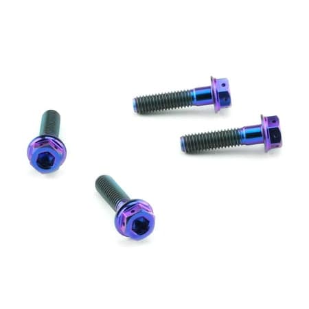 Pro-Bolt Titanium Footrest Heel Plate Bolt Kit featuring four purple anodized bolts with hex heads and contrasting black threads, designed for durability and style.