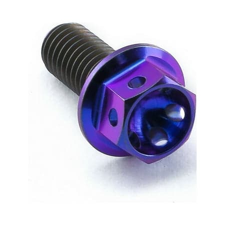 Purple titanium front suspension housing bolt featuring a hexagonal head with three holes, designed for durability and lightweight performance.