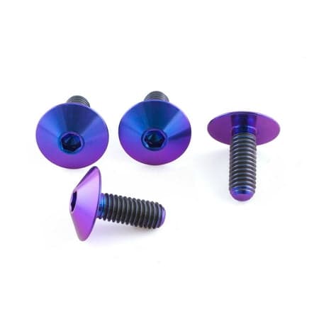 Purple titanium number plate mounting bolts with a shiny finish, featuring a hex socket head and textured shafts, designed for durability and style.
