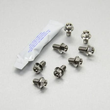 Silver titanium radiator guard mount bolt kit by Pro-Bolt, featuring eight bolts with hexagonal heads and a tube of thread-locking compound.