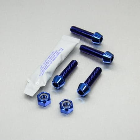 Pro-Bolt Titanium Rider Footrest Hanger Bolt Kit in blue, featuring four blue titanium bolts and two matching nuts, accompanied by a small packet of adhesive.